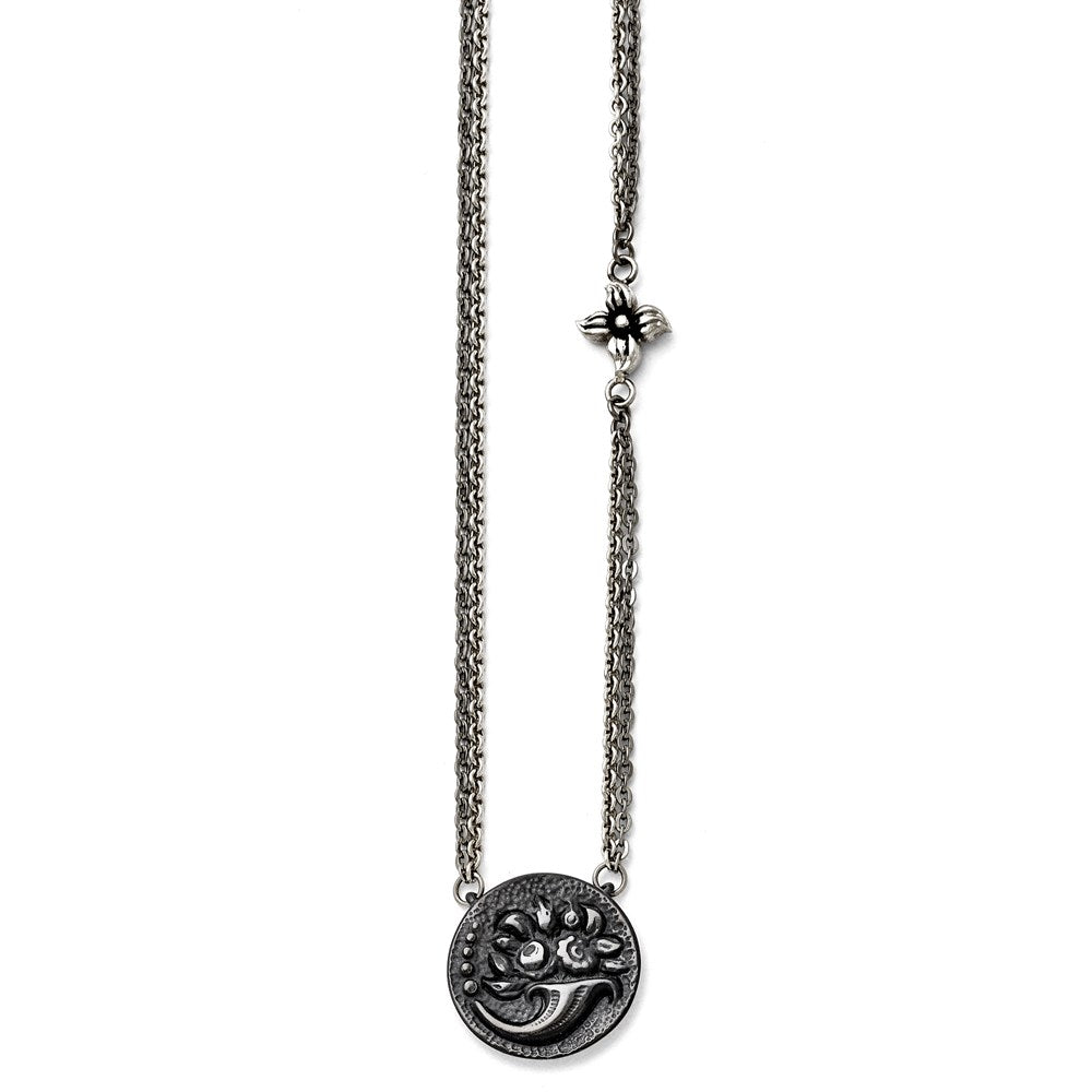 Titanium/Ster.Sil Black Ti Polished Etched Floral Necklace, 18.25 mm