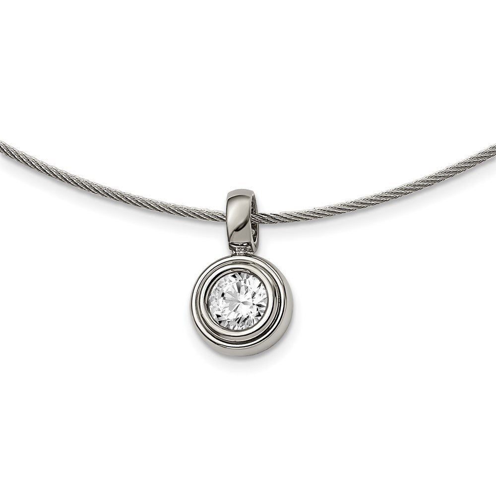 Chisel Titanium CZ Pendant with Polished Stainless Steel 17 inch Wire Necklace, 17 x 12 mm
