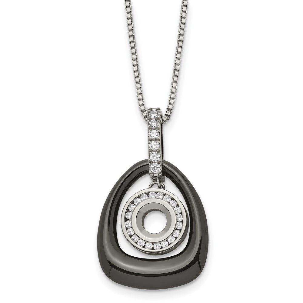 Chisel Polished Ceramic with CZ Titanium Pendant on Steel 18 inch Necklace, 18 x 23 mm
