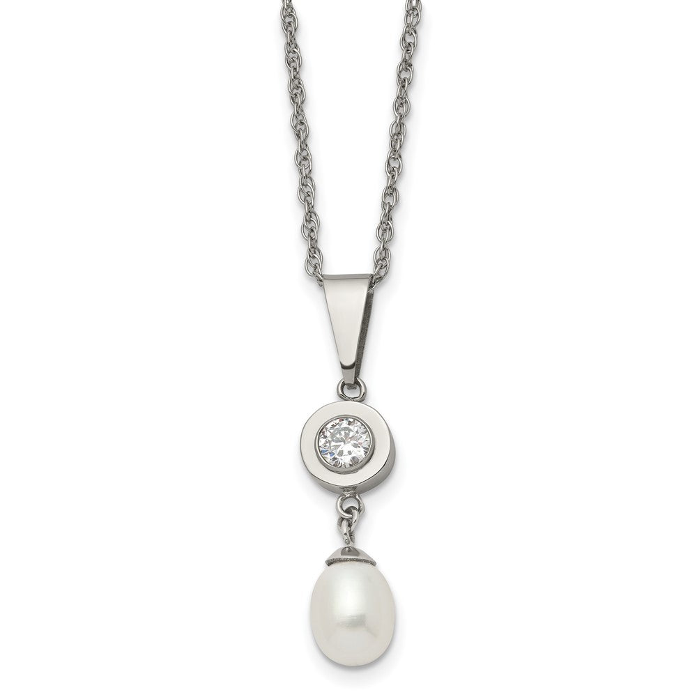 Chisel Titanium Polished with CZ and Freshwater Cultured Pearl 22 inch Necklace, 22 x 8.8 mm