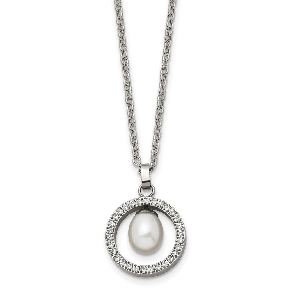 Chisel Titanium Polished with CZ and Freshwater Cultured Pearl 22 inch Necklace, 22 x 17.9 mm