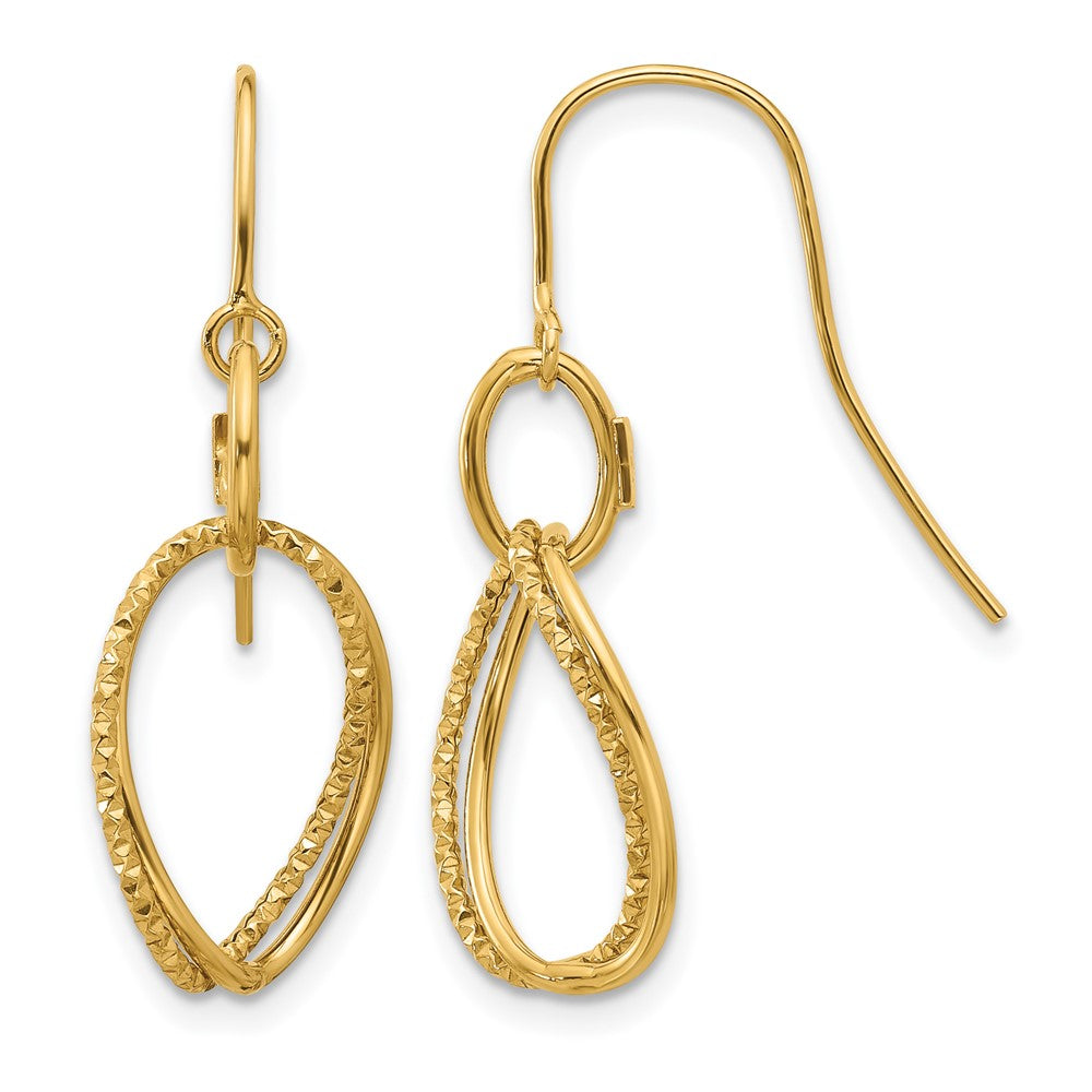 10K Polished and Textured Shepherd Hook Dangle Earrings, 35 x 16 mm