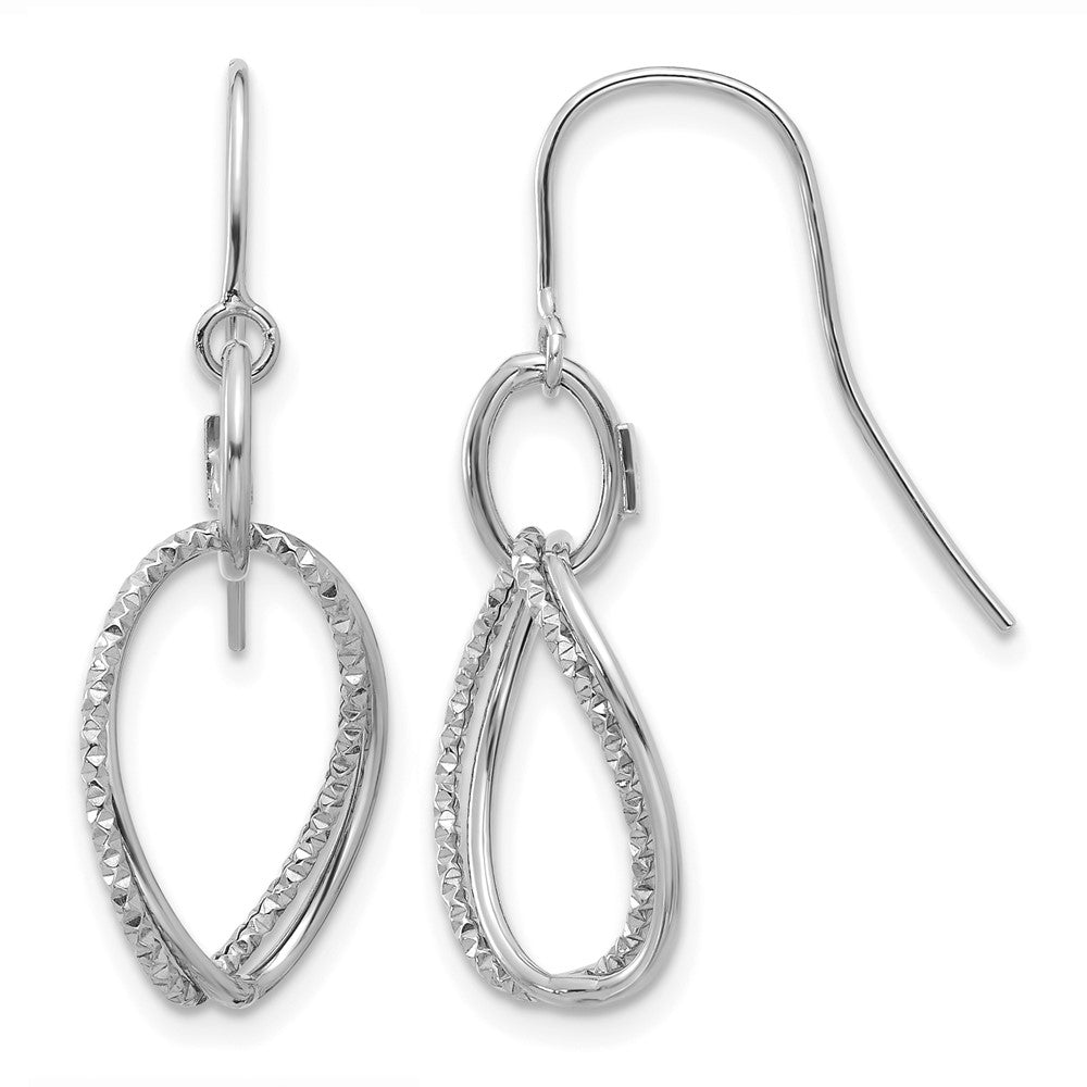 10K White Gold Polished and Textured Shepherd Hook Earrings, 35 x 16 mm
