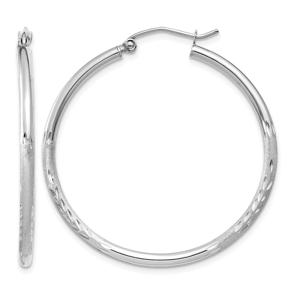 14k White Gold 2x35mm Satin Diamond-cut Round Tube Hoop Earrings, 35 x 2 mm