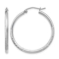 14k White Gold 2x30mm Satin Diamond-cut Round Tube Hoop Earrings, 30 x 2 mm