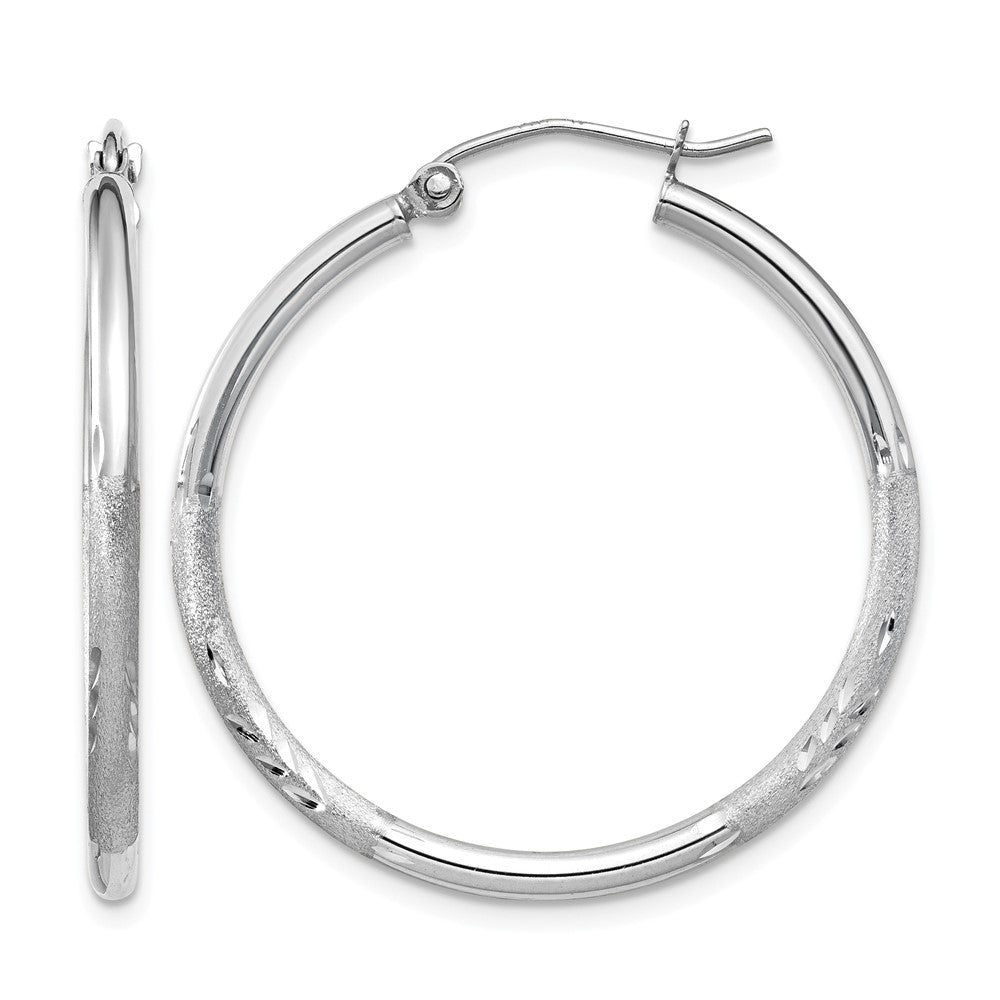 14k White Gold 2x30mm Satin Diamond-cut Round Tube Hoop Earrings, 30 x 2 mm