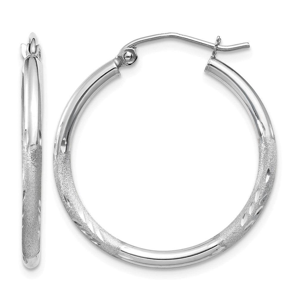 14k White Gold 2x25mm Satin Diamond-cut Round Tube Hoop Earrings, 25 x 2 mm