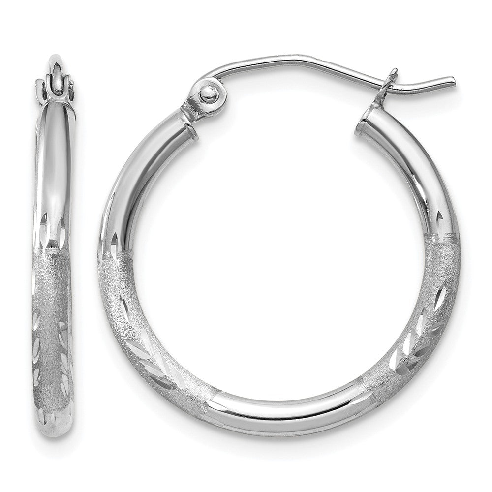 14k White Gold 2x20mm Satin Diamond-cut Round Tube Hoop Earrings, 20 x 2 mm