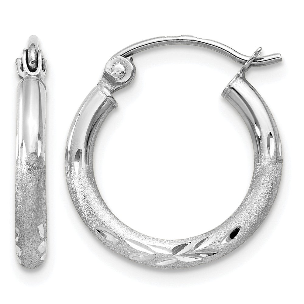 14k White Gold 2x15mm Satin Diamond-cut Round Tube Hoop Earrings, 15 x 2 mm