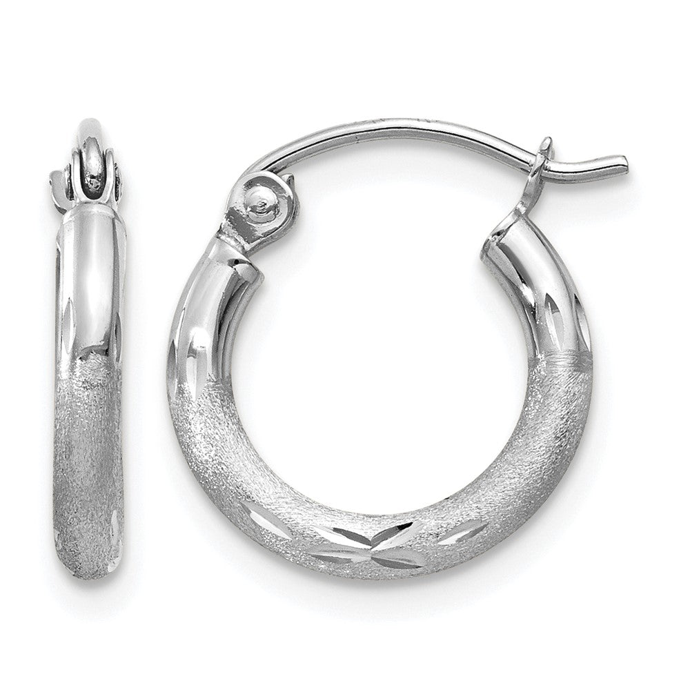 14k White Gold 2x13mm Satin Diamond-cut Round Tube Hoop Earrings, 13 x 2 mm
