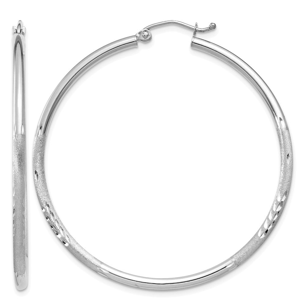 14k White Gold 2x45mm Satin Diamond-cut Round Tube Hoop Earrings, 45 x 2 mm
