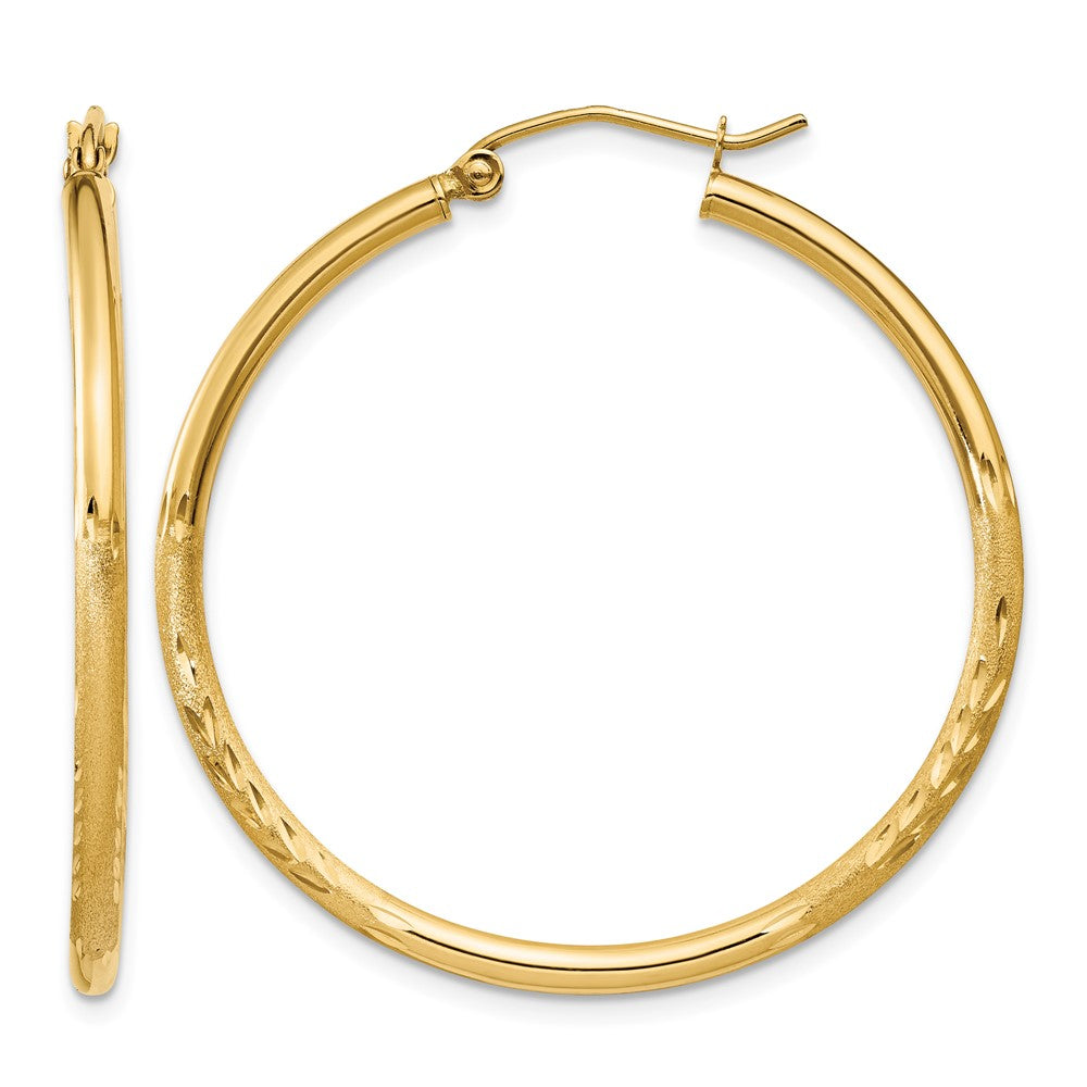14k 2x35mm Satin Diamond-cut Round Tube Hoop Earrings, 35 x 2 mm