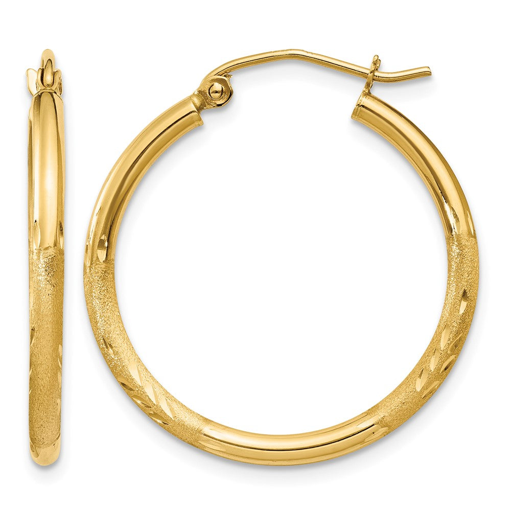 14k 2x25mm Satin Diamond-cut Round Tube Hoop Earrings, 25 x 2 mm