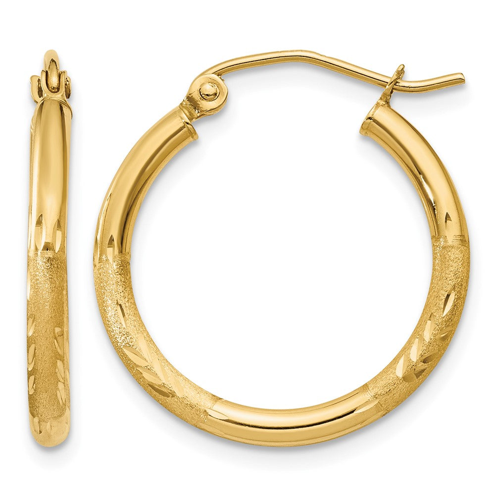 14k 2x20mm Satin Diamond-cut Round Tube Hoop Earrings, 20 x 2 mm