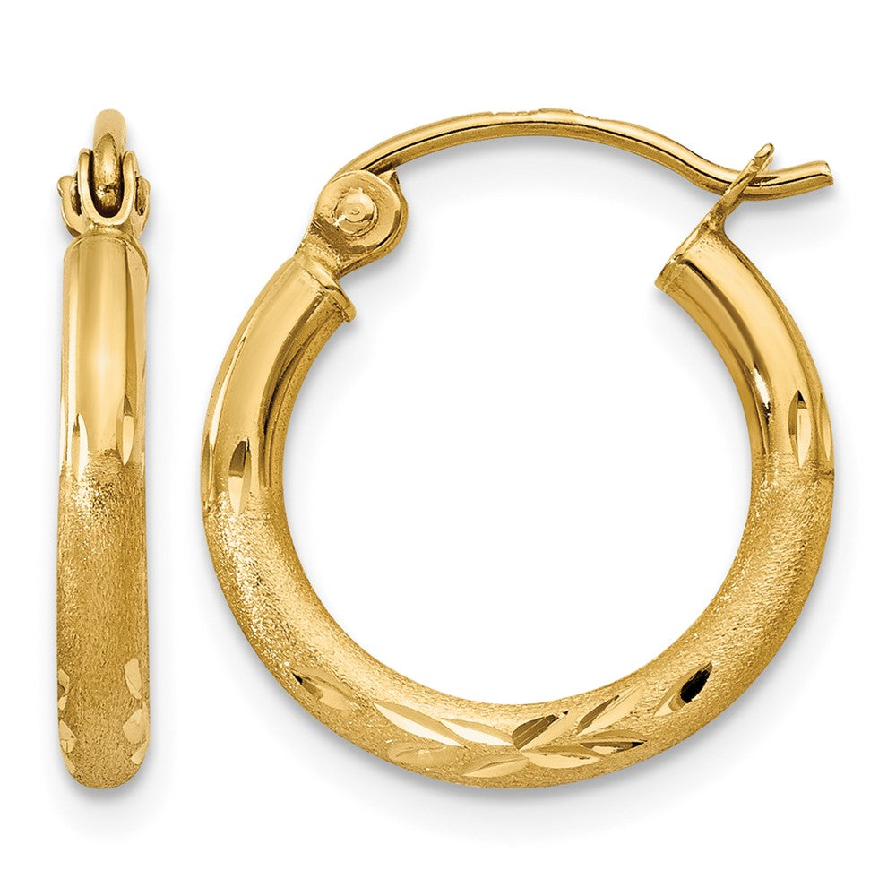 14k 2x15mm Satin Diamond-cut Round Tube Hoop Earrings, 15 x 2 mm
