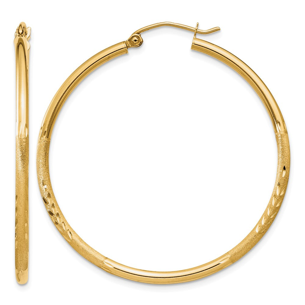 14k 2x40mm Satin Diamond-cut Round Tube Hoop Earrings, 40 x 2 mm