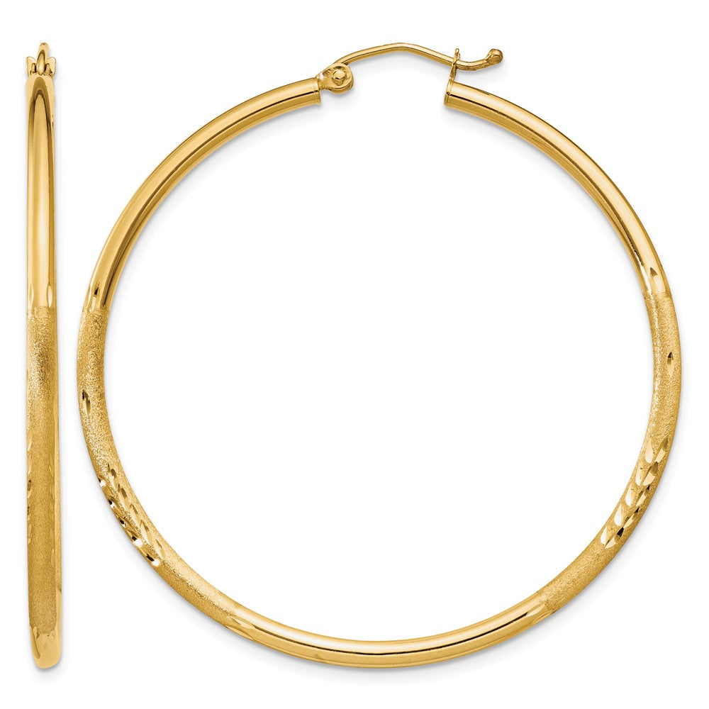 14k 2x45mm Satin Diamond-cut Round Tube Hoop Earrings, 45 x 2 mm