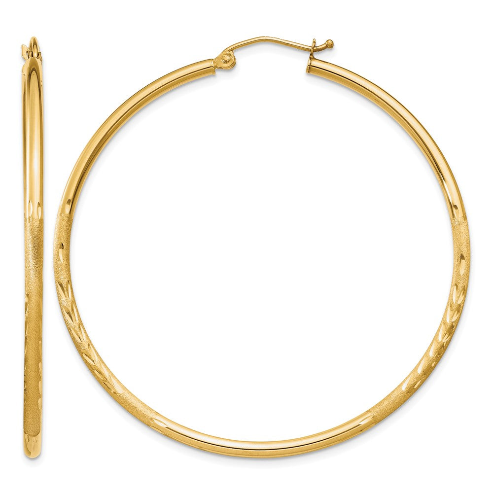 14k 2x50mm Satin Diamond-cut Round Tube Hoop Earrings, 50 x 2 mm
