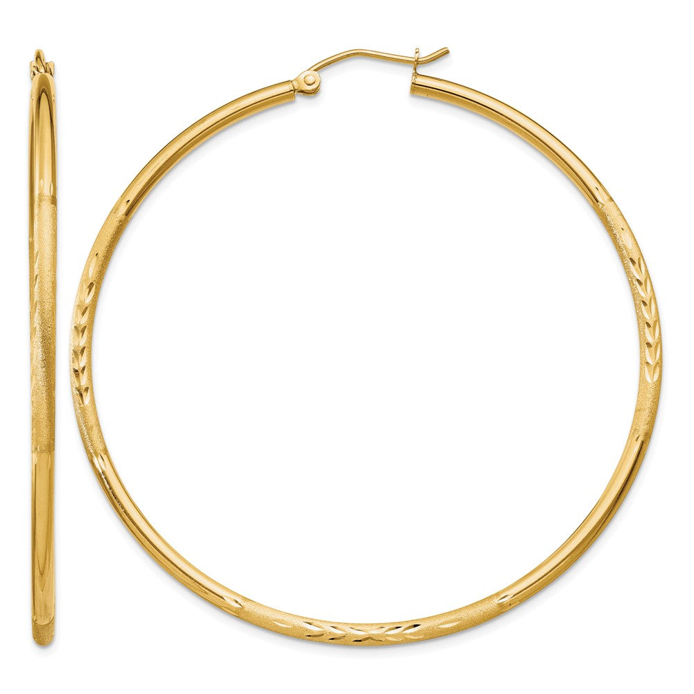 14k 2x55mm Satin Diamond-cut Round Tube Hoop Earrings, 55 x 2 mm