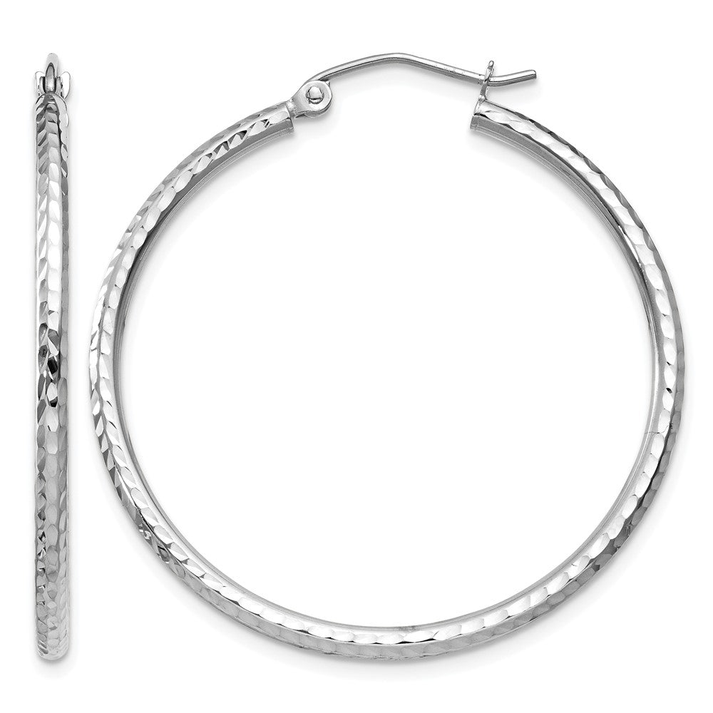 14k White Gold 2x35mm Diamond-cut Round Tube Hoop Earrings, 35 x 2 mm