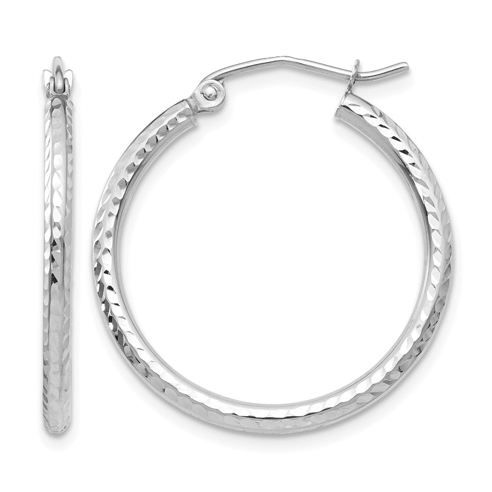 14k White Gold 2x25mm Diamond-cut Round Tube Hoop Earrings, 25 x 2 mm