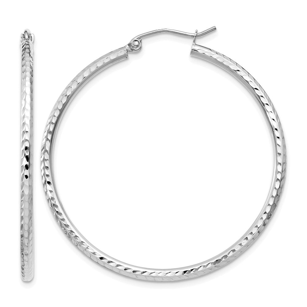 14k White Gold 2x40mm Diamond-cut Round Tube Hoop Earrings, 40 x 2 mm