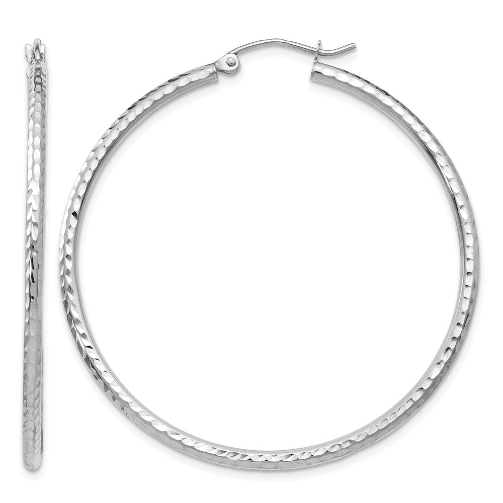 14k White Gold 2x45mm Diamond-cut Round Tube Hoop Earrings, 45 x 2 mm
