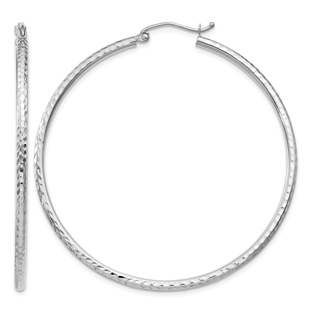 14k White Gold 2x50mm Diamond-cut Round Tube Hoop Earrings, 50 x 2 mm