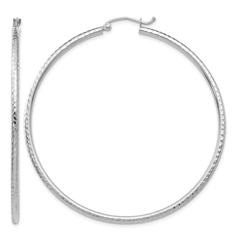14k White Gold 2x55mm Diamond-cut Round Tube Hoop Earrings, 55 x 2 mm