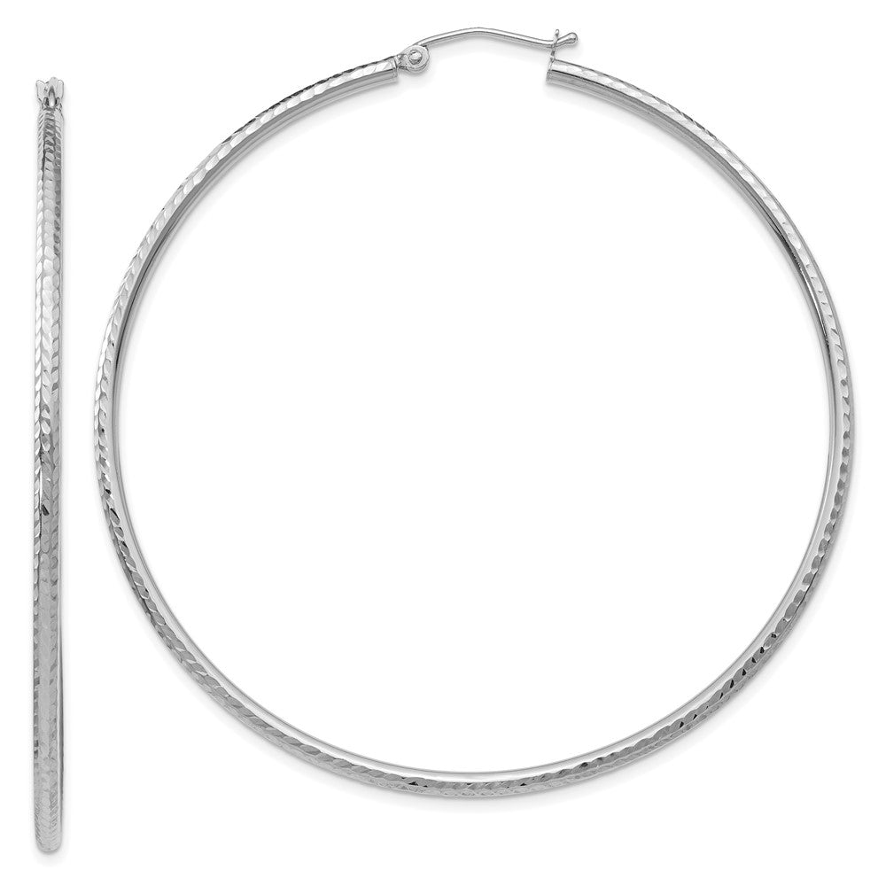 14k White Gold 2x60mm Diamond-cut Round Tube Hoop Earrings, 60 x 2 mm