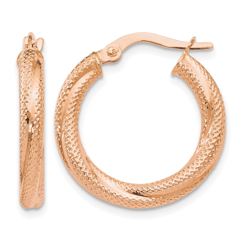 10K Rose Gold Textured Hinged Hoop Earrings, 20 x 3 mm