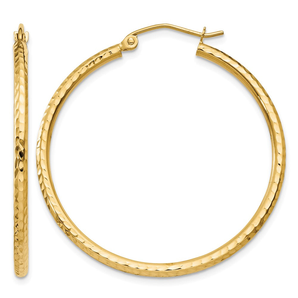 14k 2x35mm Diamond-cut Round Tube Hoop Earrings, 35 x 2 mm