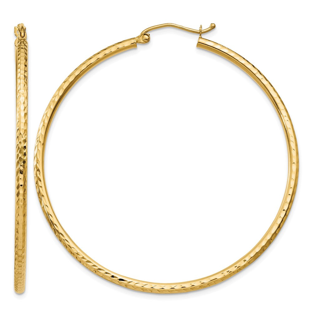 14k 2x50mm Diamond-cut Round Tube Hoop Earrings, 50 x 2 mm