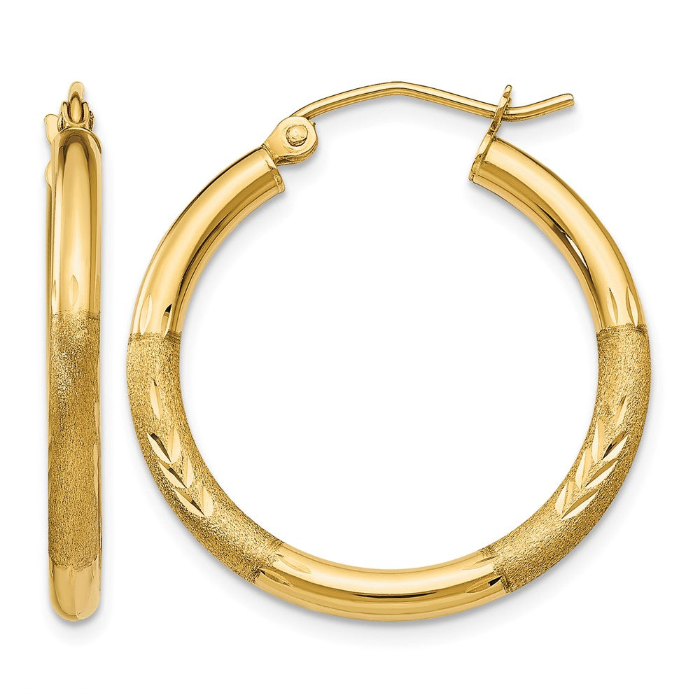 14k 2.5x24mm Satin Diamond-cut Round Tube Hoop Earrings, 24 x 2.5 mm