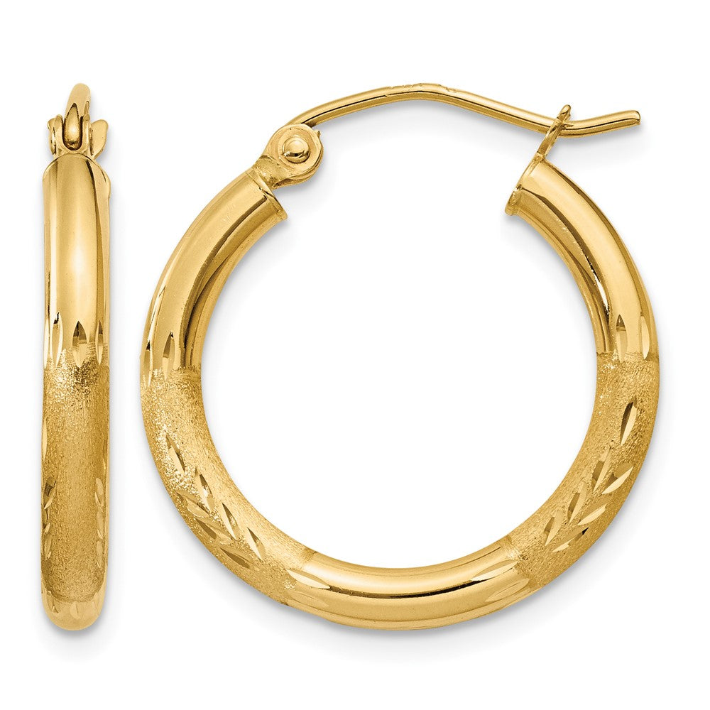 14k 2.5x20mm Satin Diamond-cut Round Tube Hoop Earrings, 20 x 2.5 mm