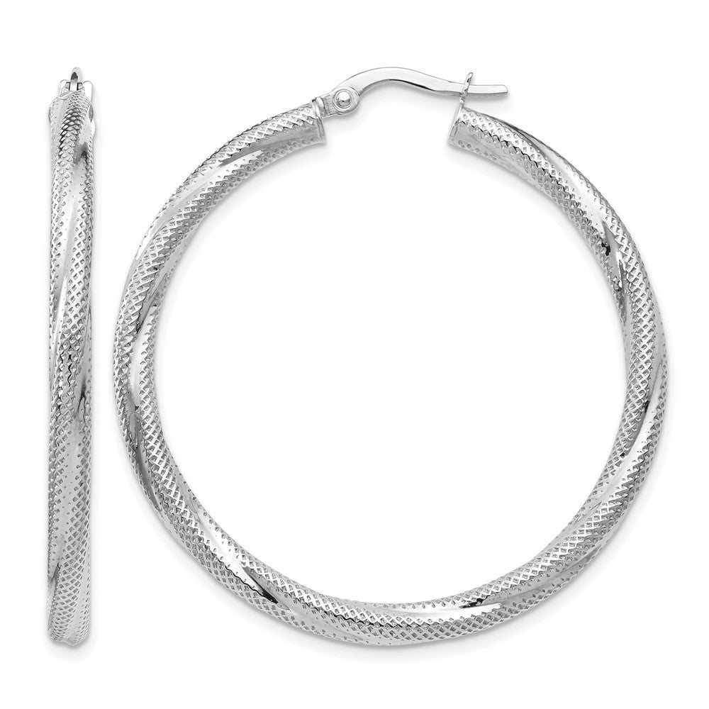 10K White Gold Twisted Hinged Hoop Earrings, 40 x 3 mm
