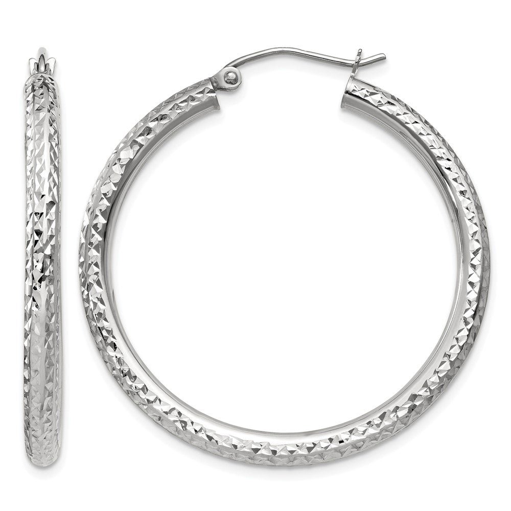 14k White Gold 3x35mm Diamond-cut Round Tube Hoop Earrings, 35 x 3 mm