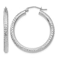 14k White Gold 3x30mm Diamond-cut Round Tube Hoop Earrings, 30 x 3 mm