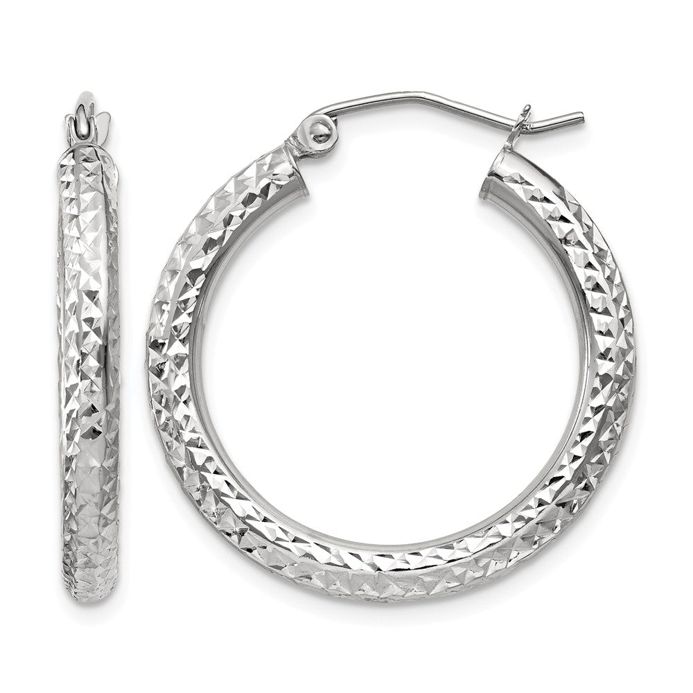 14k White Gold 3x25mm Diamond-cut Round Tube Hoop Earrings, 25 x 3 mm