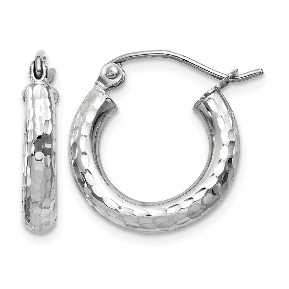 14k White Gold 3x16mm Diamond-cut Round Tube Hoop Earrings, 16 x 3 mm, 1.14 g