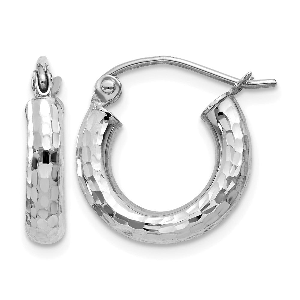14k White Gold 3x14mm Diamond-cut Round Tube Hoop Earrings, 14 x 3 mm