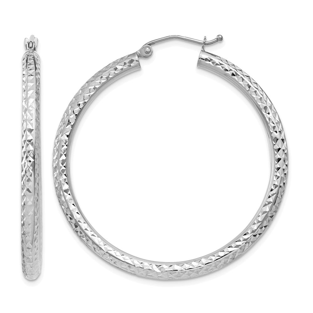 14k White Gold 3x40mm Diamond-cut Round Tube Hoop Earrings, 40 x 3 mm