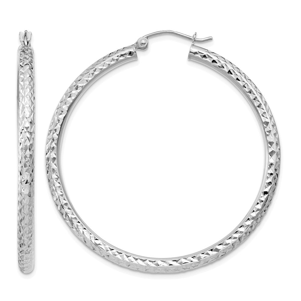 14k White Gold 3x45mm Diamond-cut Round Tube Hoop Earrings, 45 x 3 mm