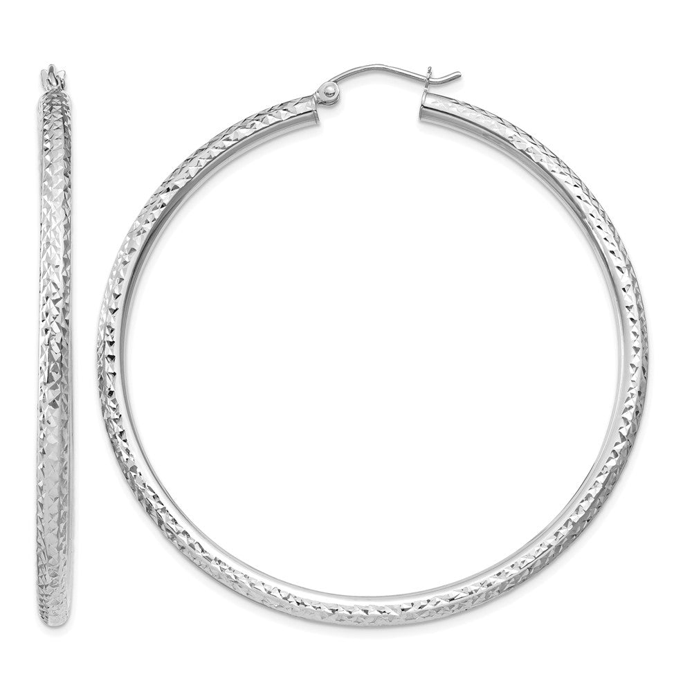 14k White Gold 3x55mm Diamond-cut Round Tube Hoop Earrings, 55 x 3 mm