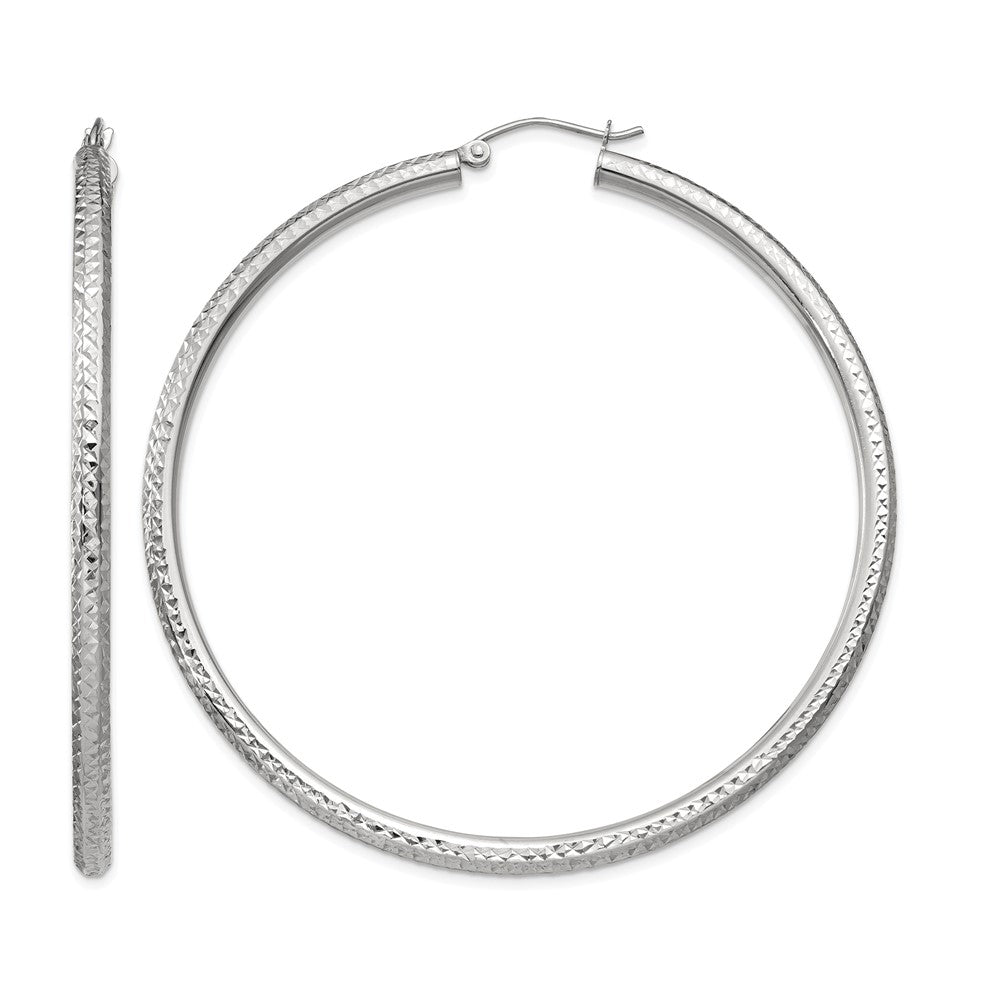 14k White Gold 3x60mm Diamond-cut Round Tube Hoop Earrings, 60 x 3 mm