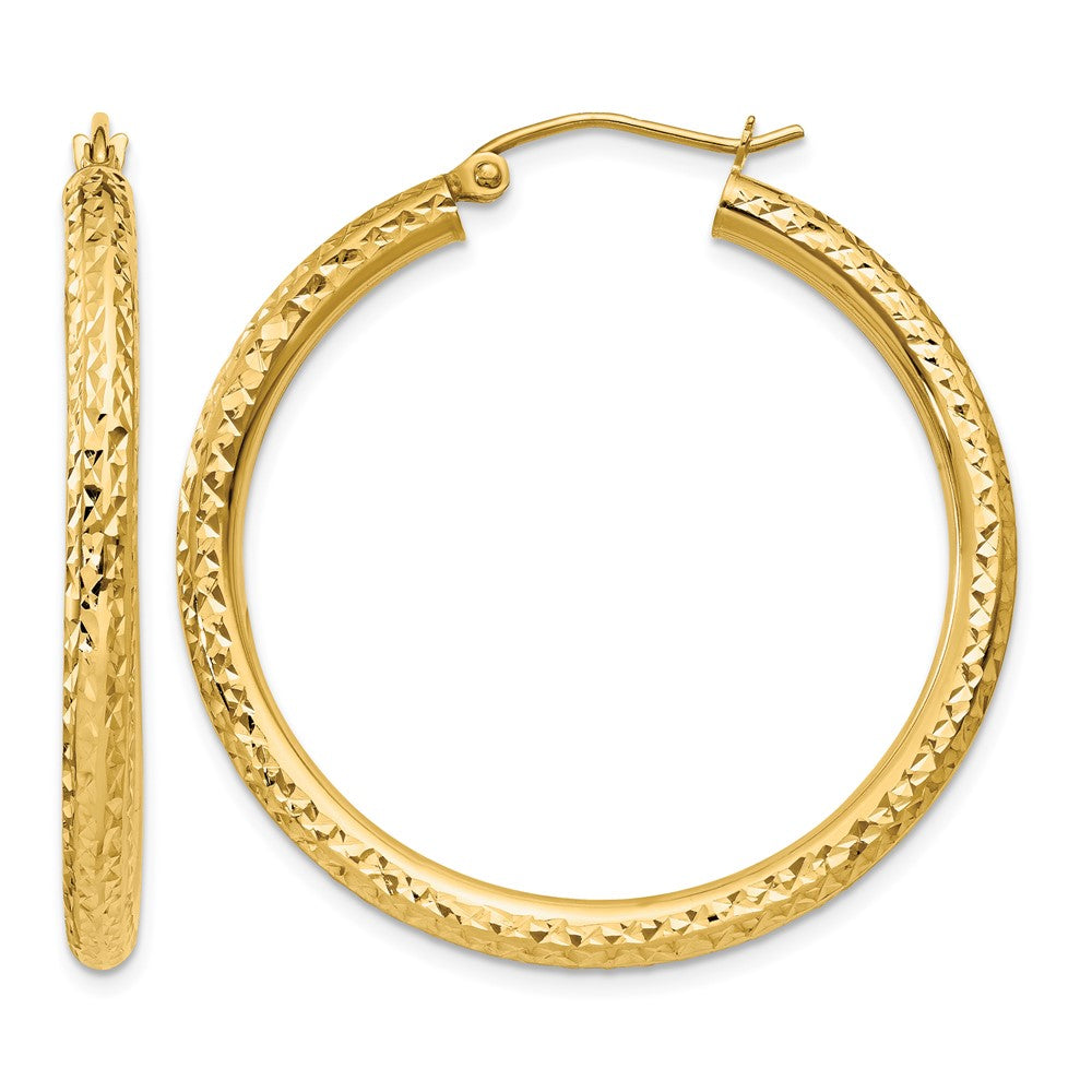 14k 3x35mm Diamond-cut Round Tube Hoop Earrings, 35 x 3 mm