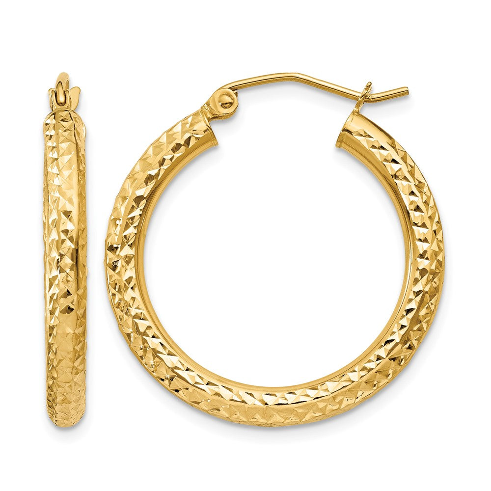 14k 3x25mm Diamond-cut Round Tube Hoop Earrings, 25 x 3 mm