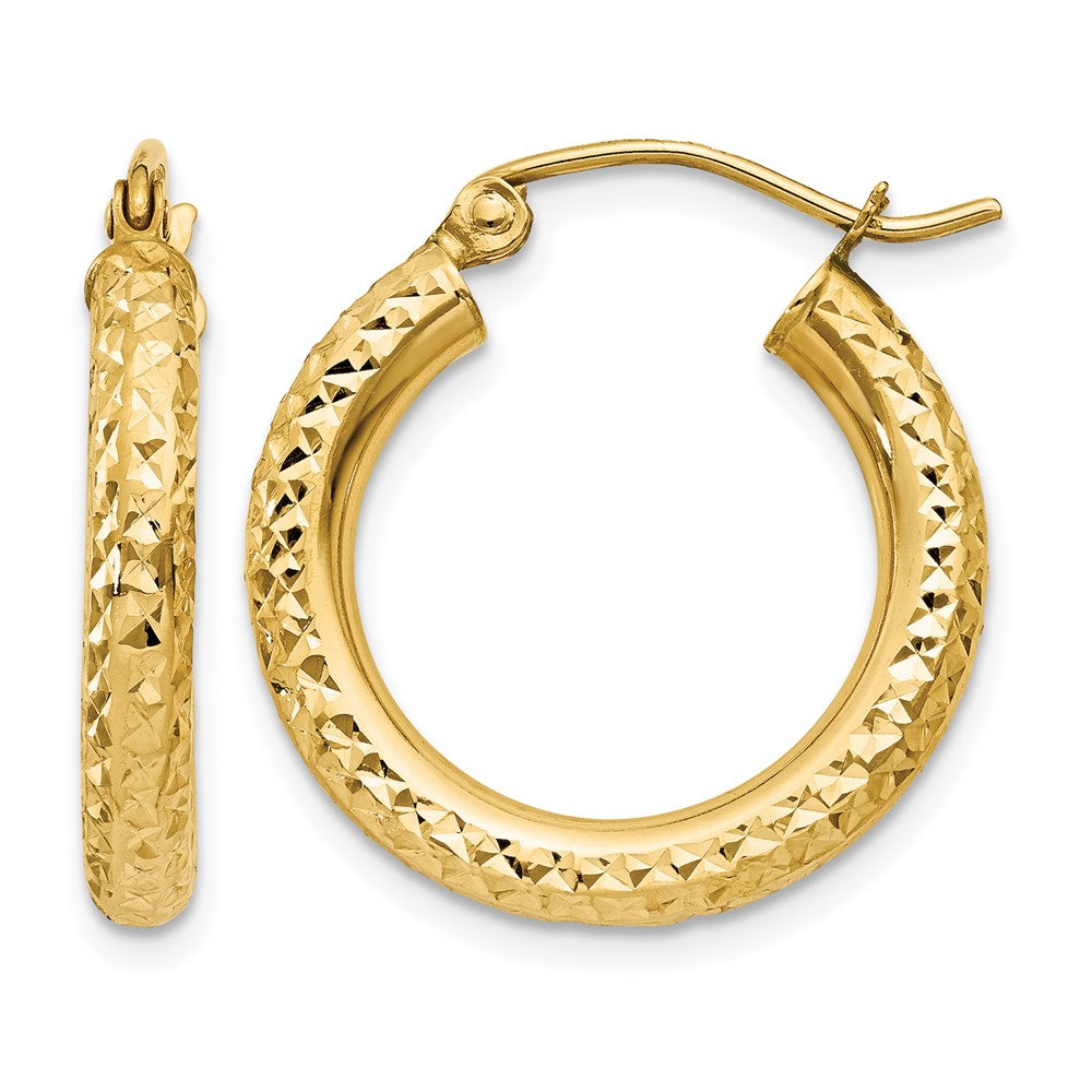 14k 3x20mm Diamond-cut Round Tube Hoop Earrings, 20 x 3 mm