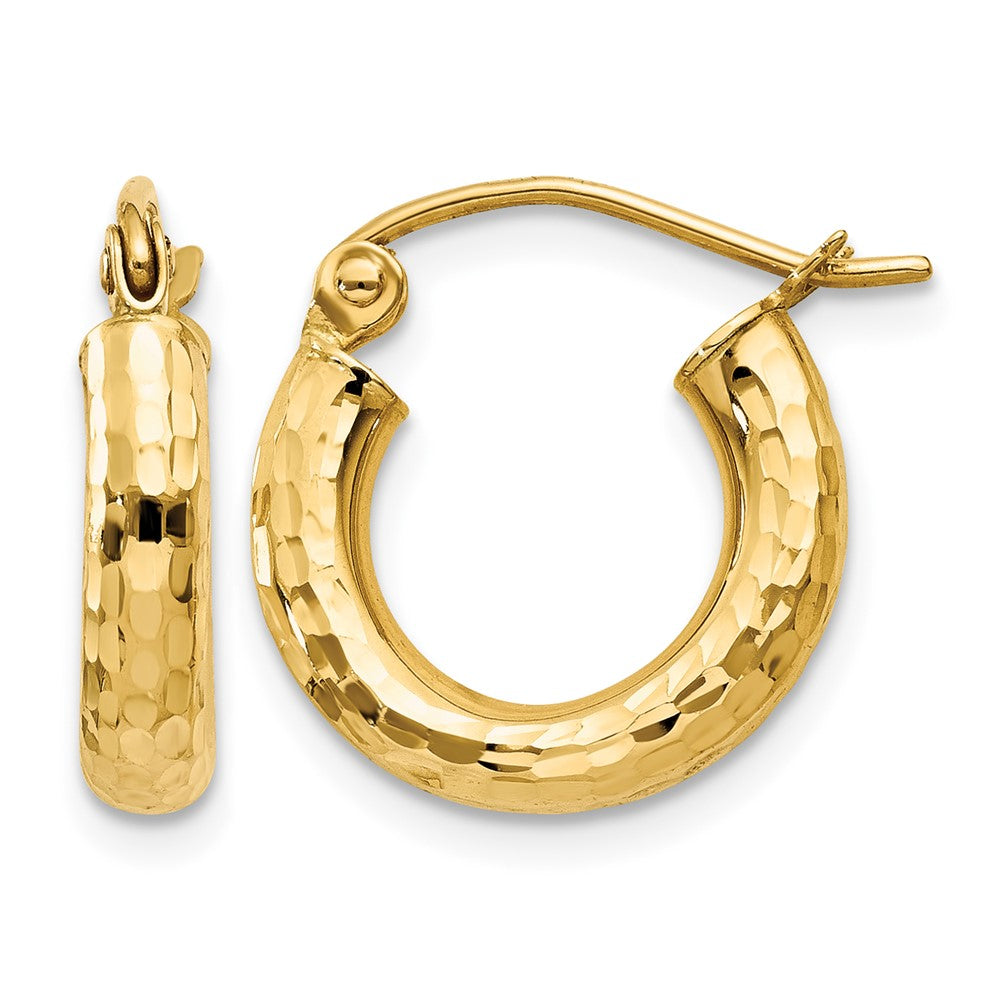 14k 3x14mm Diamond-cut Round Tube Hoop Earrings, 14 x 3 mm