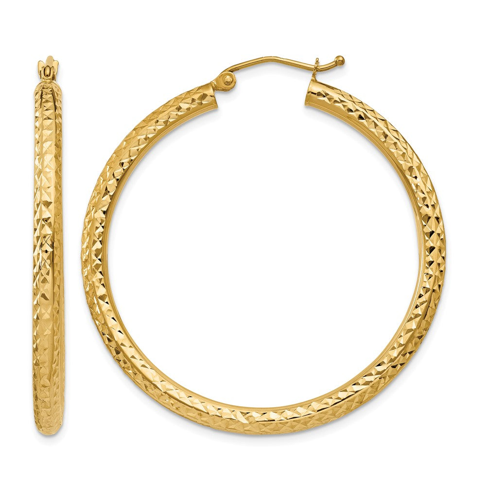 14k 3x40mm Diamond-cut Round Tube Hoop Earrings, 40 x 3 mm